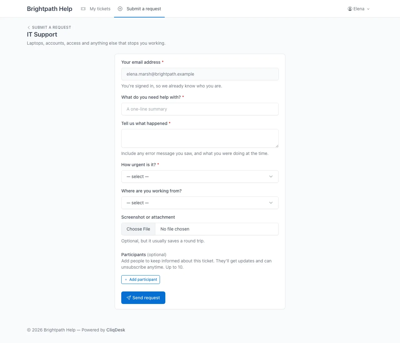A CliqDesk request form with fields for a summary, details, urgency and an attachment.