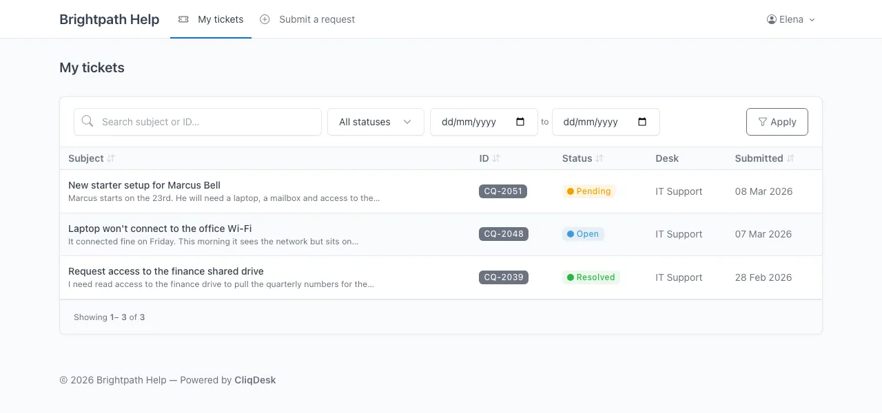 A customer's ticket list in the CliqDesk portal, showing subjects, IDs and statuses.