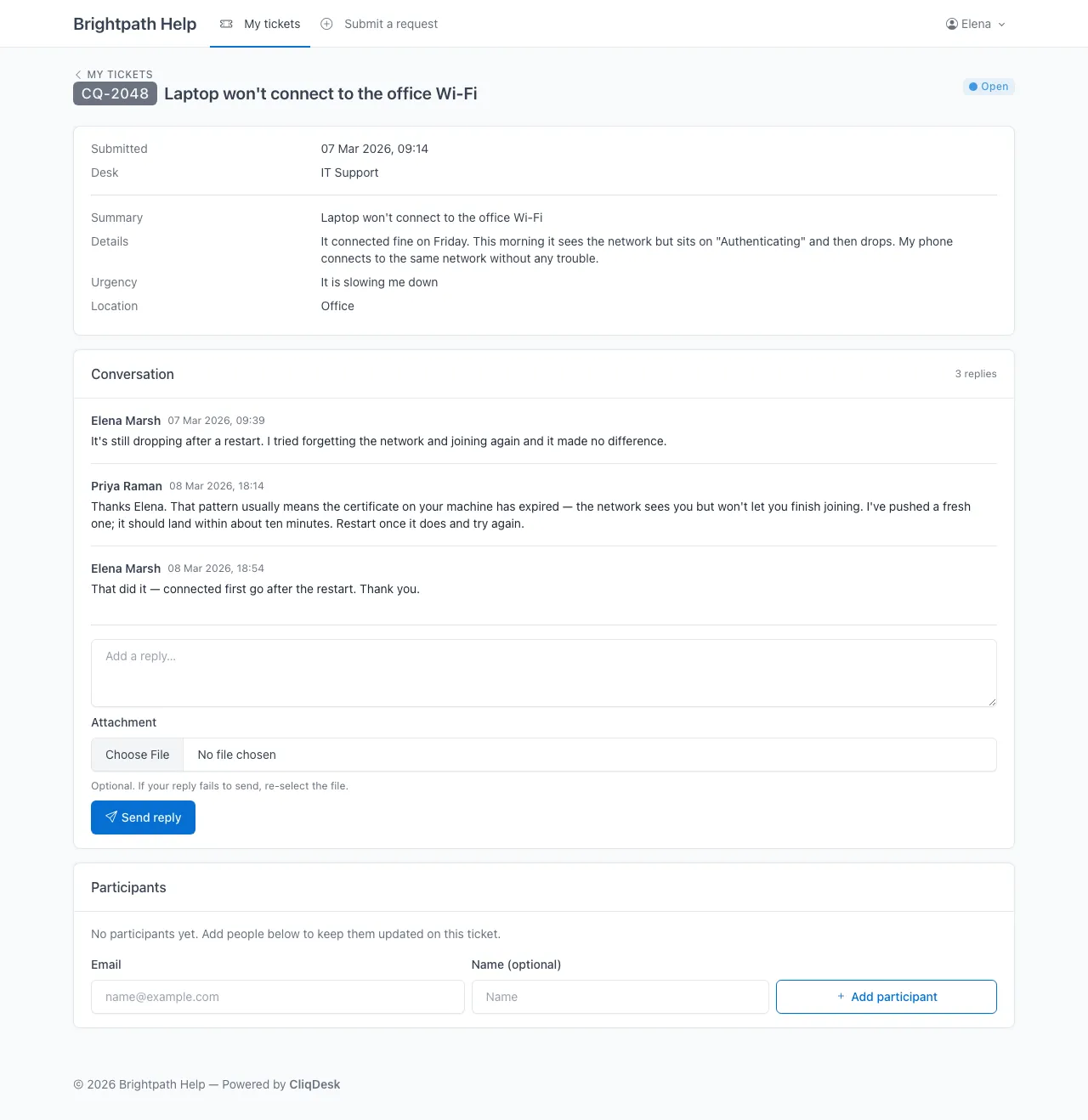 A customer's ticket in the CliqDesk portal, showing the request and a reply from the support team.
